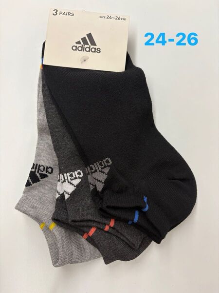 adidas アディダス 靴下 ソックス メンズ 3足組 スニーカーソックス ブラック、ダークグレー、グレー 24〜26cm