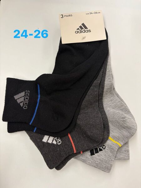 adidas アディダス 靴下 ソックス メンズ 3足組 約 10cm丈 ブラック、ダークグレー、グレー 24〜26cm