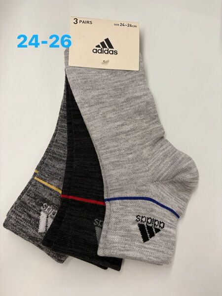 adidas アディダス 靴下 ソックス メンズ 3足組 約 10cm丈 ライトグレー、ダークグレー、グレー 24〜26cm