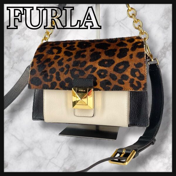 【希少】FURLA フルラ ハラコ カメラバッグ ハンドバッグ ショルダーバッグ 2way 豹柄 レオパード フラップ 希少