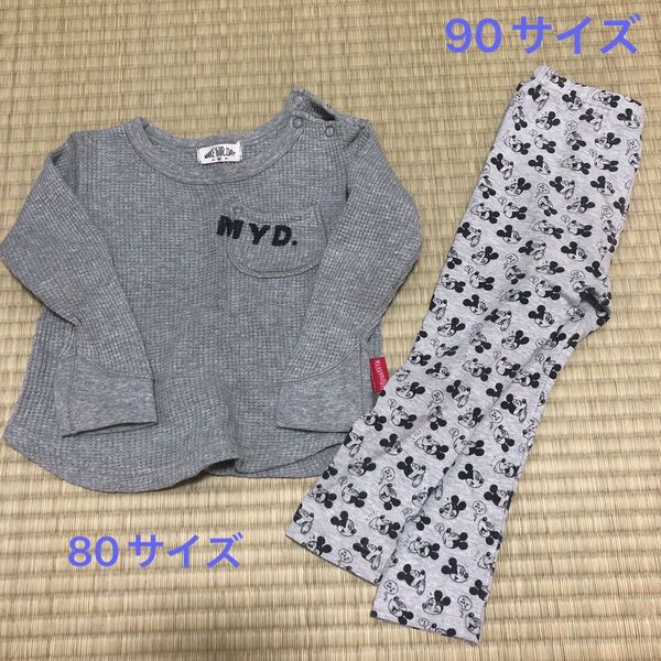 ワッフル生地ロンT、ミッキーマウスユニクロレギンス 2点セット 80 90サイズ