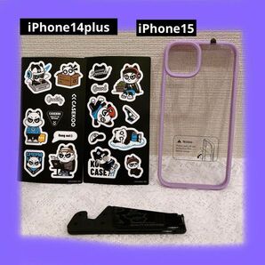 iPhone14plusケース iPhone15Plusケース パンダシール ステッカー 黒のスタンド付き バンパー パープル
