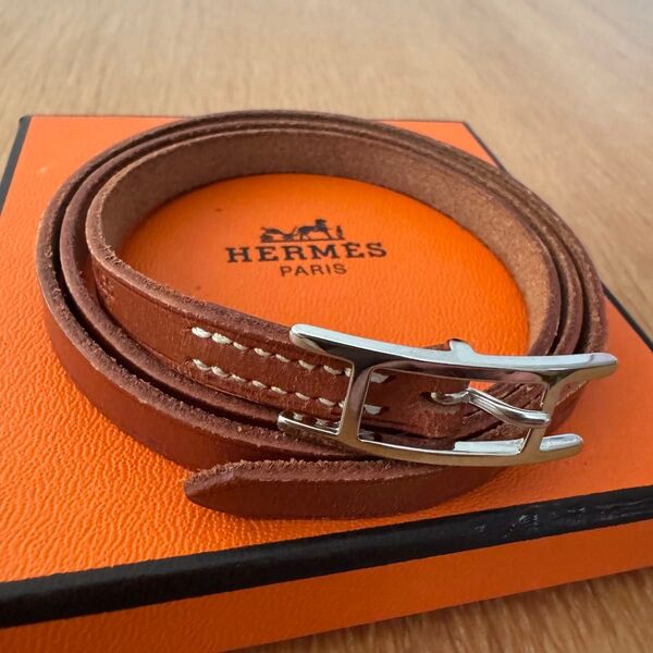 HERMES エルメス アピ3 ブレスレット バングル ブラウン レザー × シルバー金具 刻印あり SALE