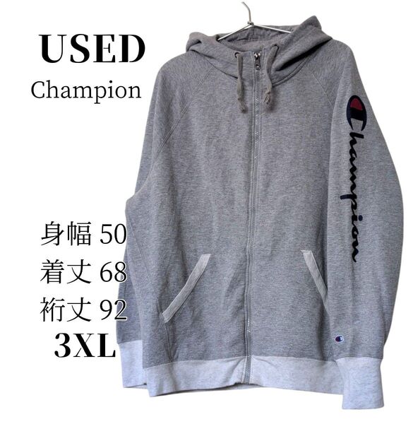 USED Champion グレー フルジップ 袖プリントパーカー 3XL