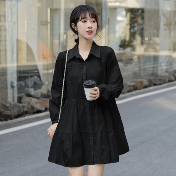 黒ワンピース レディース Aライン 膝丈 ティアード