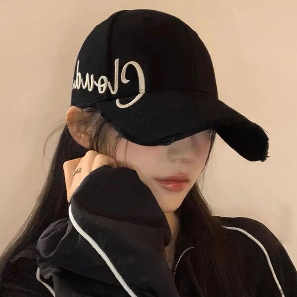 キャップ レディース 帽子 ブラック UVカット 大きめ 深め ストリート ダメージ ダンス カジュアル プチプラ 韓国 ロゴ入り