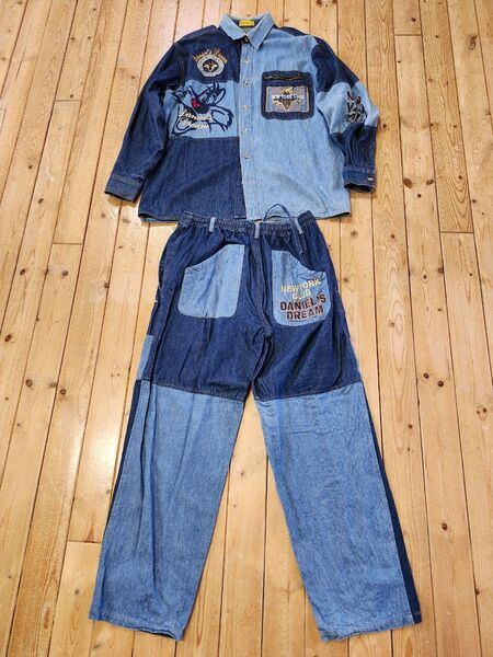 北海道発【お値引き特価品】希少90s ダニエルドリーム ニューヨーククラブ刺繍入り デニムセットアップ B系 即日発送