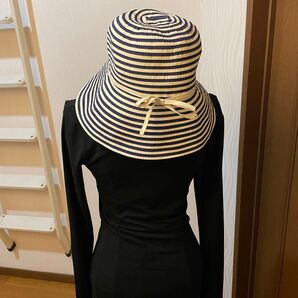 UVハット 日除け ストライプ柄ハット ネイビー×白 UVカット 98%