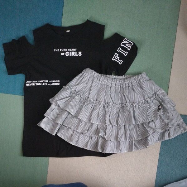 女の子 洋服 夏服 半袖 上下 セットアップ Tシャツ スカート パンツ付き 160