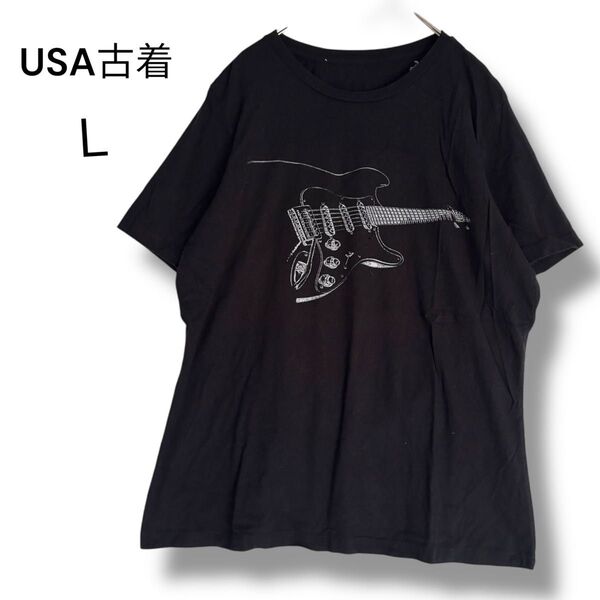 ブラック Tシャツ 半袖 半袖Tシャツ プリント 黒 古着 L ギター デカロゴ ビンテージ USA古着