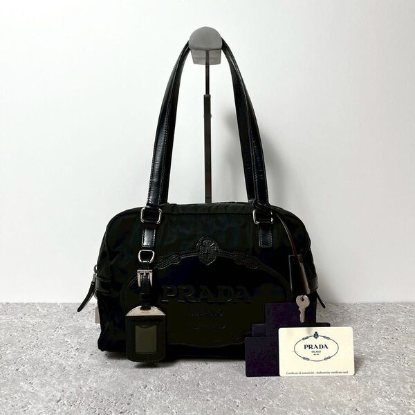 PRADA プラダ ロゴジャガード ミニボストンバッグ トートバッグ ハンドバッグ ブラック ナイロン レザー 南京錠付き