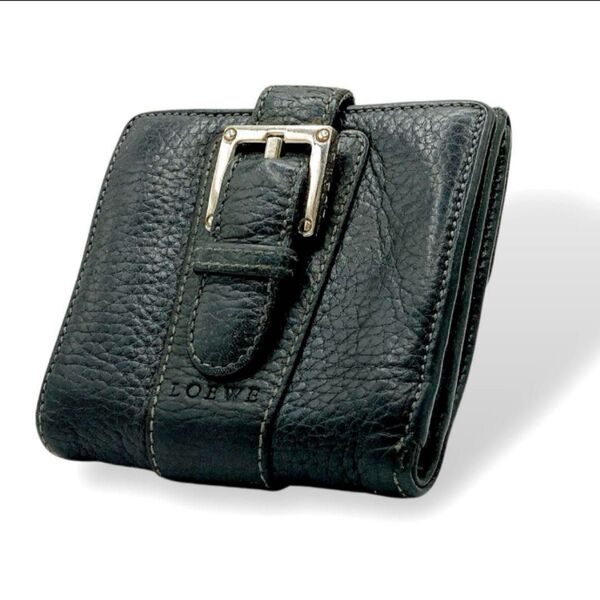 LOEWE ロエベ 二つ折り財布 ブラック レザー シボ革 ロゴ刻印 ブラック ベルト コンパクト 正規品 希少 レア ウォレット