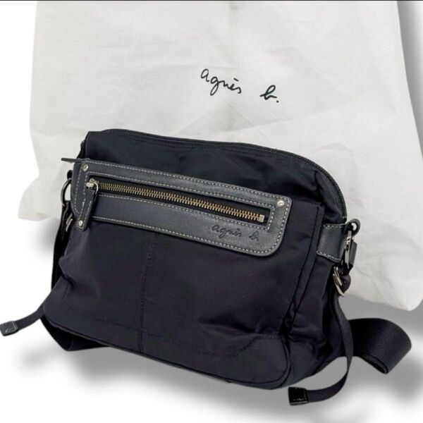 美品 agnes b. アニエスベー ボヤージュ ショルダーバッグ ナイロン ブラック 斜め掛け 綺麗 斜め掛け 保存袋付き