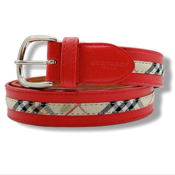 BURBERRY バーバリーゴルフ レザーベルト ノバチェック レッド ベージュ レディース