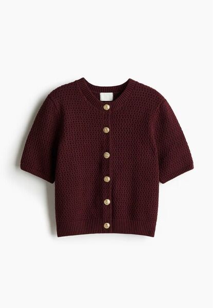 H&M テクスチャードニットカーディガン バーガンディ XS