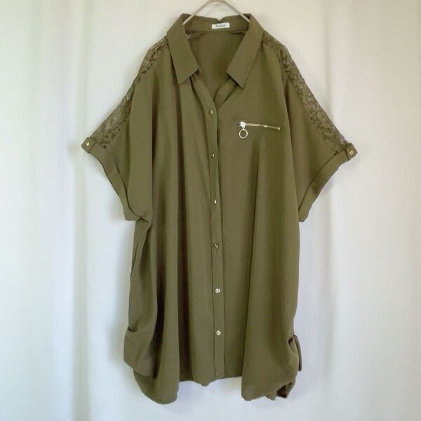 Lutique ブラウス 半袖 レース 透け感 大きいサイズ 4L カーキ.2182