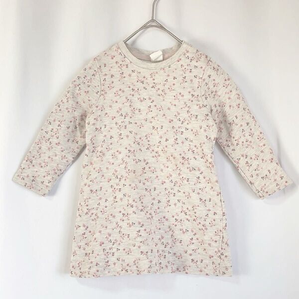 H&M チュニック 長袖 花柄 ベルト付き 80 グレー ピンク.2450