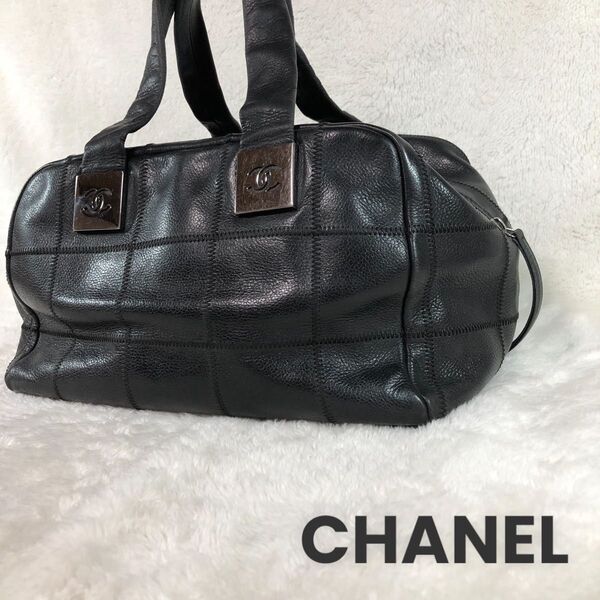 CHANEL チョコバー ミニ ボストンバッグ ブラック ハンドバッグ レザー