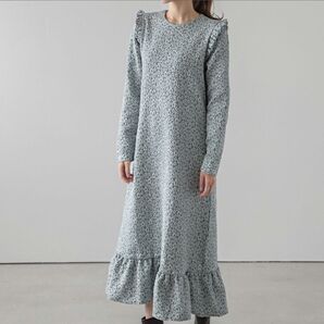 ワンピース ジャガード フリル 花柄 ロング丈 長袖 レディース Aライン