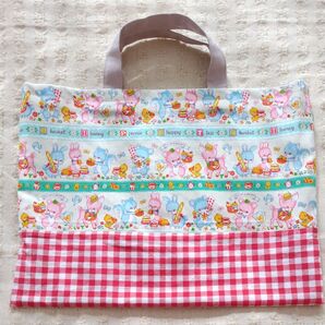 ハンドメイド トートバッグ 動物柄×ギンガムチェック レトロ 女の子 入園入学 絵本バッグ レッスンバッグ