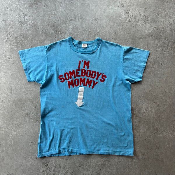 60s70s ヴィンテージメッセージtシャツ USA製 水色 フェルトプリント