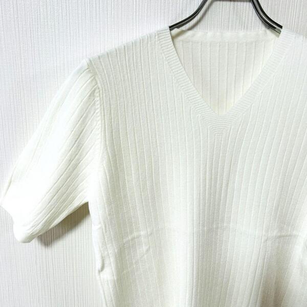 【新品】Vネック半袖ニットセーター春秋冬レディーストップス女性ホワイト白インナーリブニット春服秋服オフィスカジュアルブイネック