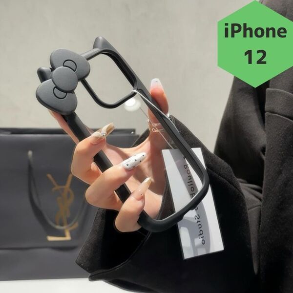 新品 iPhone12 スマホケース 猫耳 リボン かわいい 韓国 ブラック