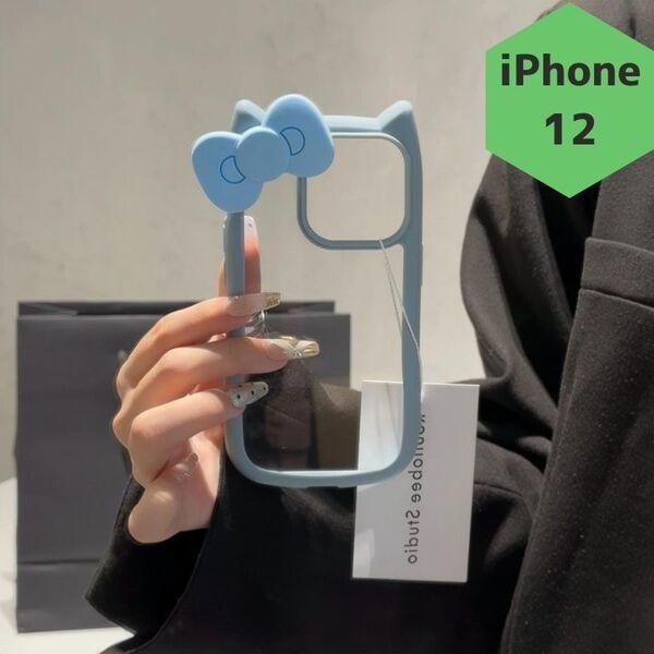 新品 iPhone12 スマホケース 猫耳 リボン かわいい 韓国 ブルー