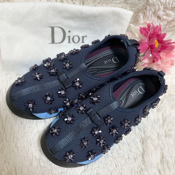 【美品】クリスチャンディオール Dior フュージョン スニーカー ビジュー装飾 35ハーフ