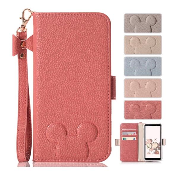 かくれミッキー模様 スマホケース カバー 手帳型 かわいい コーラルレッド
