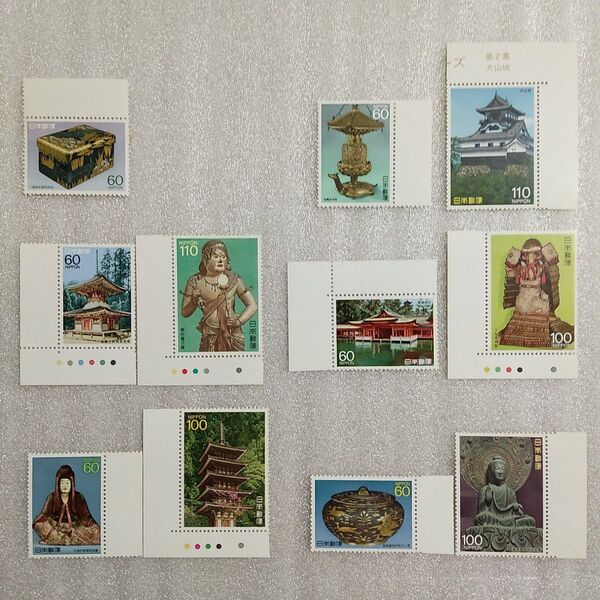 第3次国宝シリーズ 切手 第1集 第2集 第3集 第4集 第5集 第6集 八橋蒔絵螺鈿硯箱 犬山城 恵光童子像 銀製鍍金狩猟文小壺