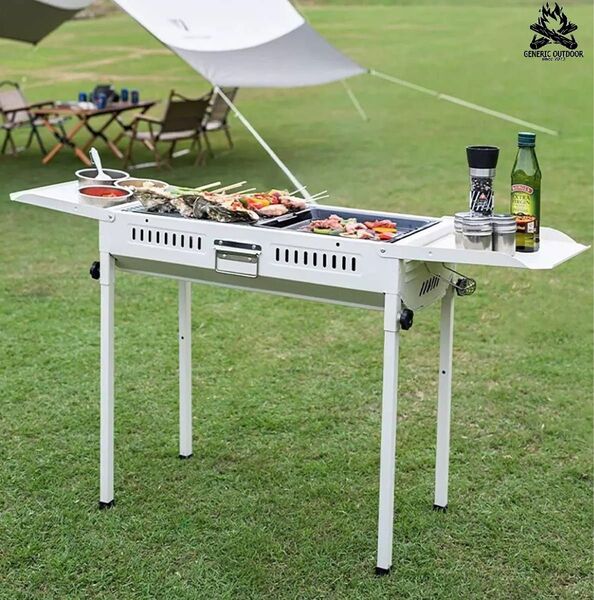 CHANODUG OUTDOOR 大型バーベキューコンロ 大型バーベキューグリル 多人数グリル 鉄板プレート付き アイボリー