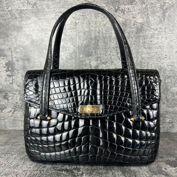 希少品 CELINE ヴィンテージ ハンドバッグ クロコ押し マカダム金具 クロコダイル ゴールド金具 トートバッグ 黒