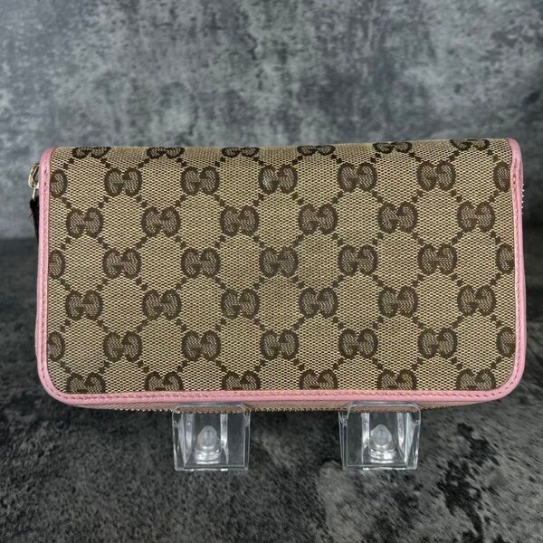 GUCCI GGキャンバス×レザー ラウンドジップ 長財布 ピンク ロングウォレット ラウンドファスナー