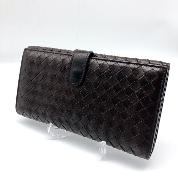 ■美品■ BOTTEGA VENETA ボッテガヴェネタ イントレチャート レザー 二つ折り長財布 ウォレット ダークブラウン