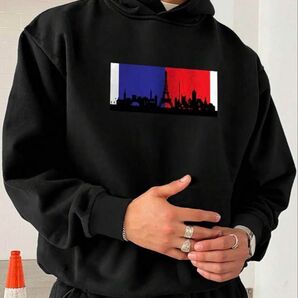 【新品】 L パーカー メンズ ストリート シンプル 黒 パリ エッフェル塔