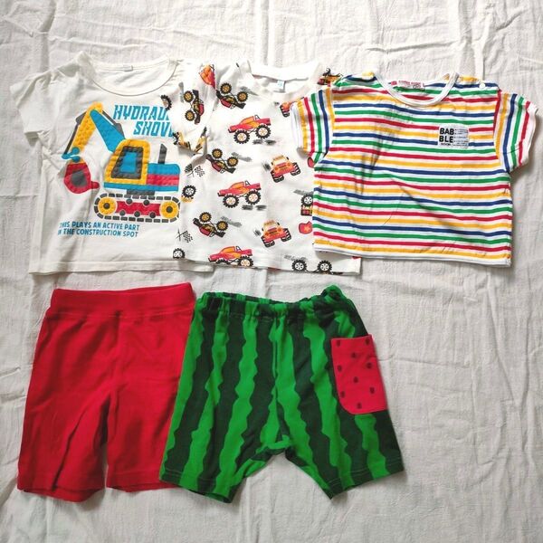 ベビー服 90 Tシャツ ズボン【まとめ売り】 男の子 のりもの 上下セット ハーフパンツ