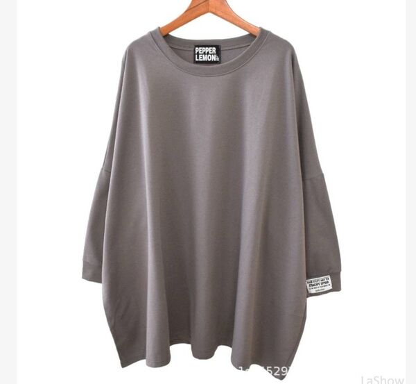レディース 長袖 ロンt 体型カバー ロングtシャツ ドロップショルダー ビッグシルエット オーバーサイズ 無地 グレー