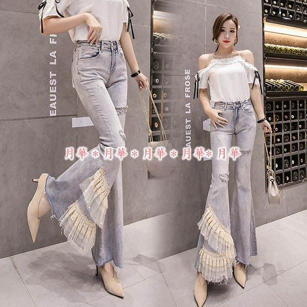 2XL (通常 M ~ L 小さめ デニム パンツ 208856 レース フリル パール ベルボトム レディース ジーンズ Gパン