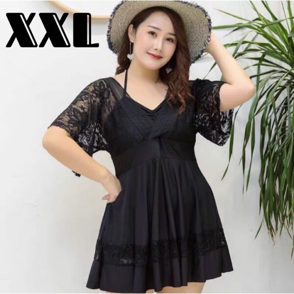 水着 ワンピース 黒 XXL セパレート 体型カバー レース ママ リゾート
