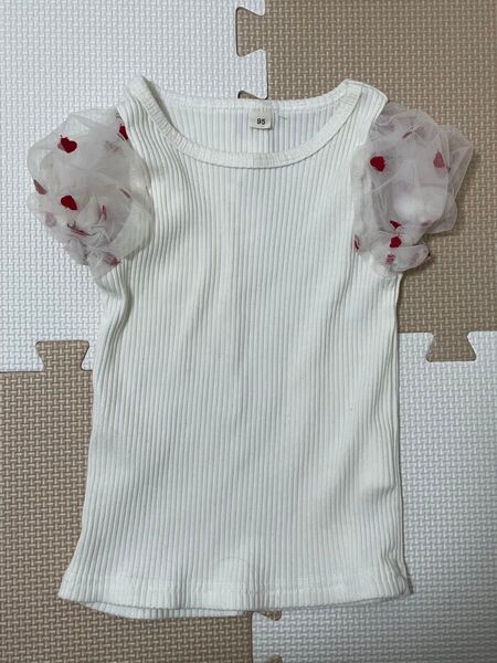 女の子 半袖トップス ハート柄チュール袖 95サイズ
