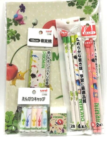 ピクミン 文房具 7点セット 三菱鉛筆 鉛筆2B4本セット 赤鉛筆2本セット 消しゴム 15cm定規 鉛筆キャップ 自由帳 下敷き