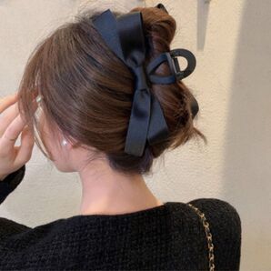 ヘアクリップ 大きめ バンスクリップまとめ髪 リボン ブラック 黒