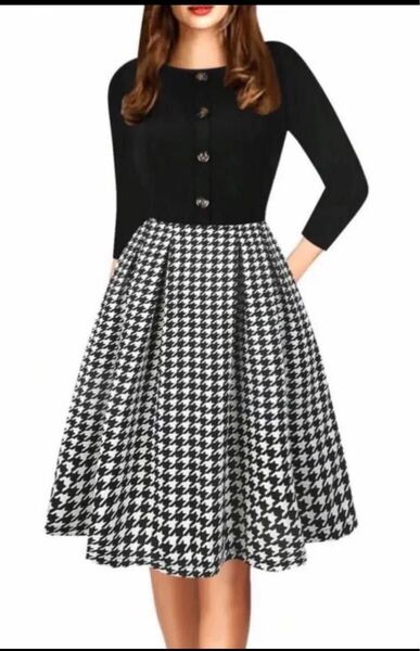 お値下げ!新品・千鳥格子柄・ボタンワンピース・ ブラック系・3XL・プラスサイズ・ゆったり!★完売品★ ブラック×ホワイト・膝丈