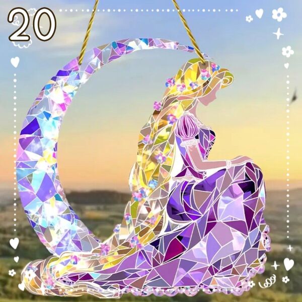 20cm プリンセス Moon 紫 アクリル ステンドグラス 風 サンキャッチャー ウォールアート ウォールデコレーション
