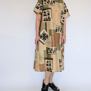着物リメイク 銘仙 Aライン ワンピース 未使用反物