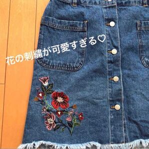 AS KNOW AS 花柄刺繍 デニム ミニスカート フリーサイズ 中高生オススメ ウエストゴム