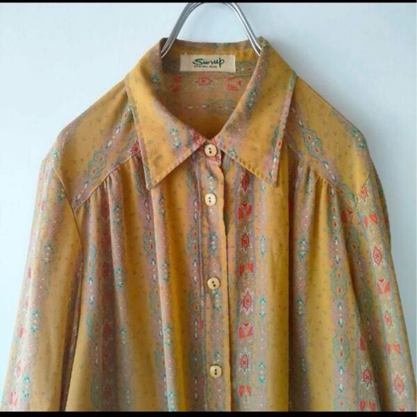 vintage エスニック柄 シフォン マスタード ブラウス