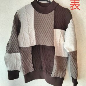 THE SHOP TK ブロッキングニット(ブラウン) 長袖 総柄【No.39】