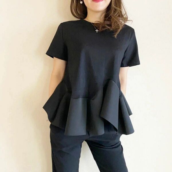 ペプラムカットソー ブラック S Tシャツ 黒 無地 おしゃれ 大人可愛い